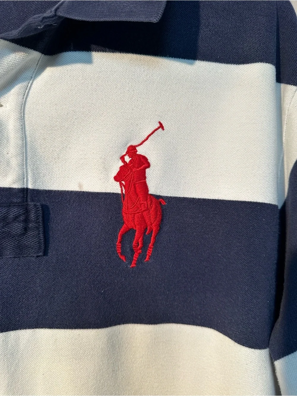 Ralph Lauren Navy and White Striped Rugby Style Polo with Red Pony US Flag